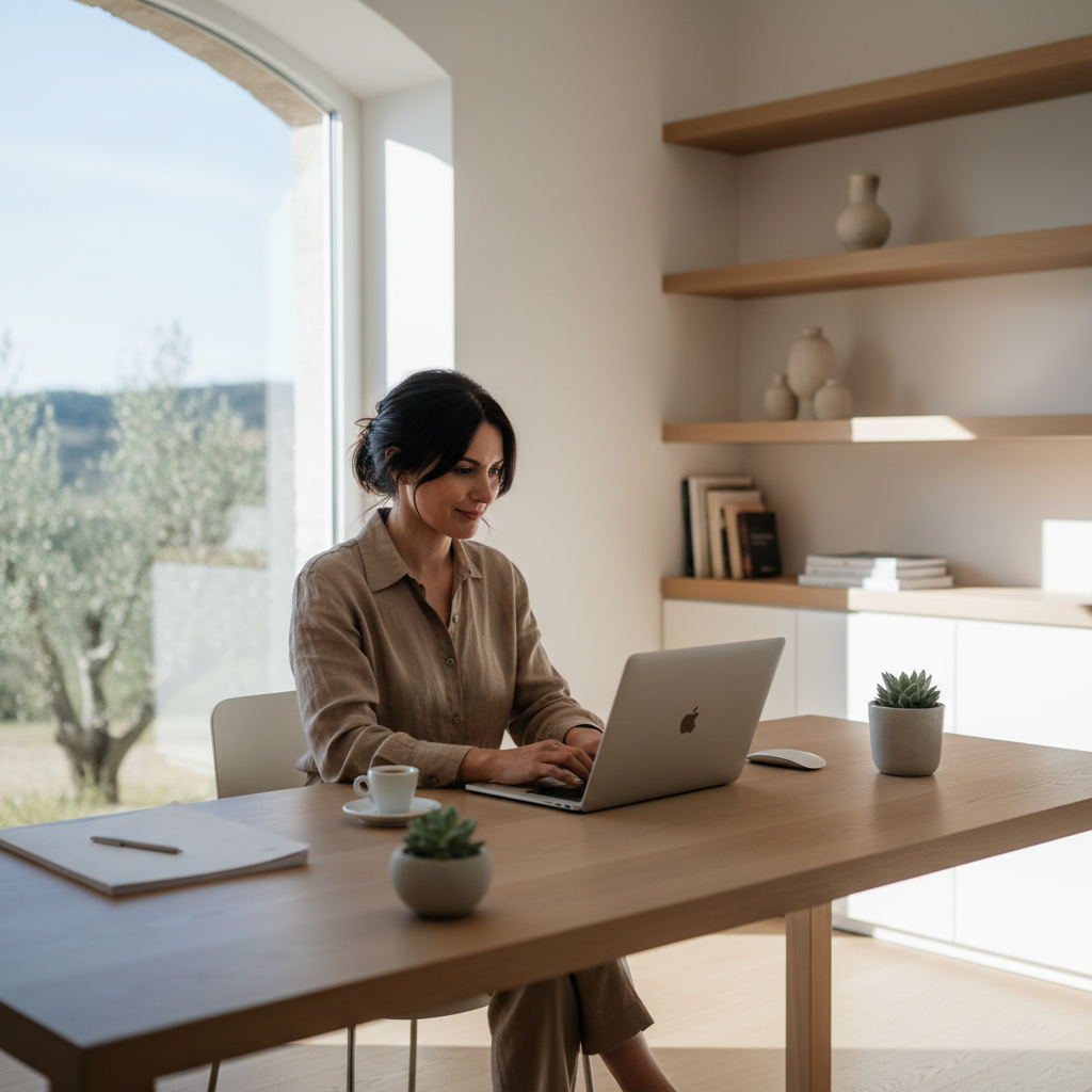 Titolare di piccola impresa al lavoro sul laptop