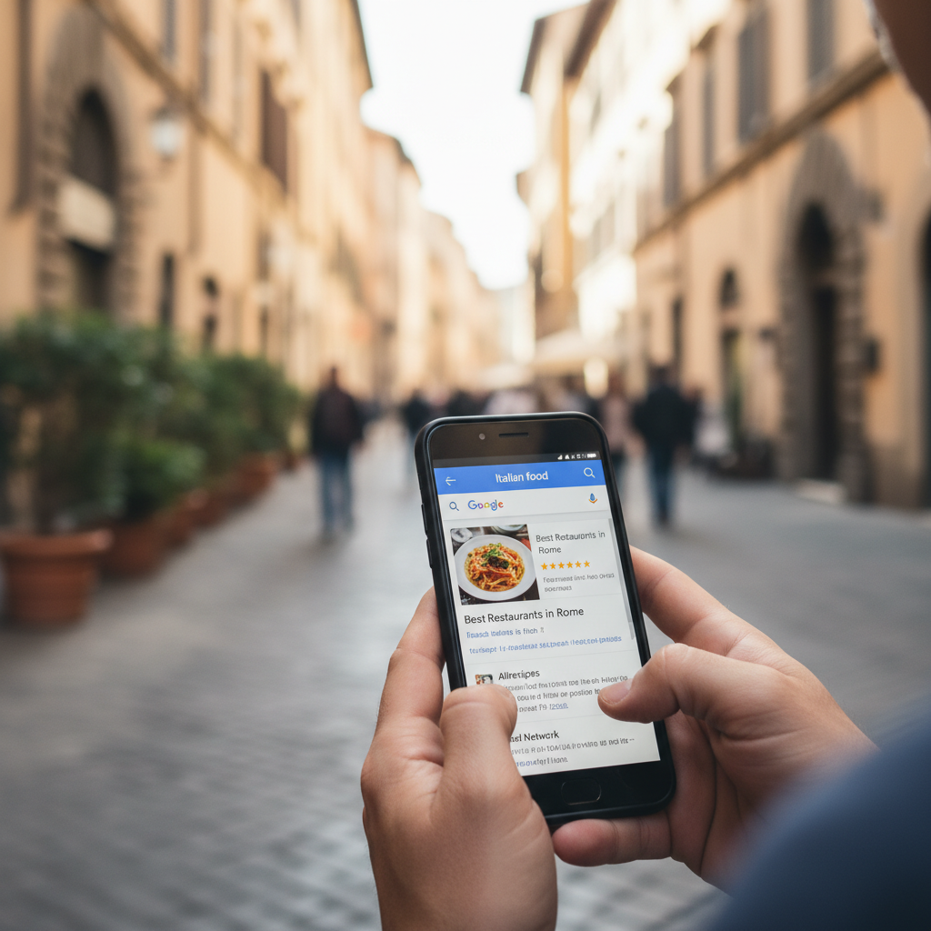 Persona che cerca su Google dal telefono in una via italiana