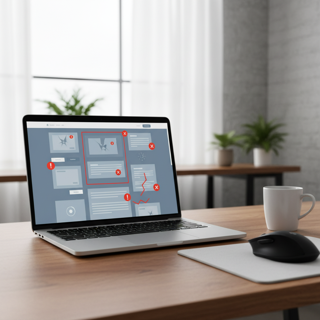 Laptop con errori di un sito web evidenziati su schermo